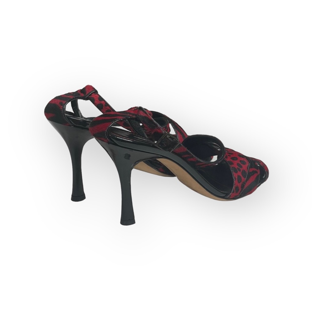 Manolo Blahnik โ Animal Printed Calf Hair Slingback Stiletto Sandals โ Black Red - Picture 3 of 17